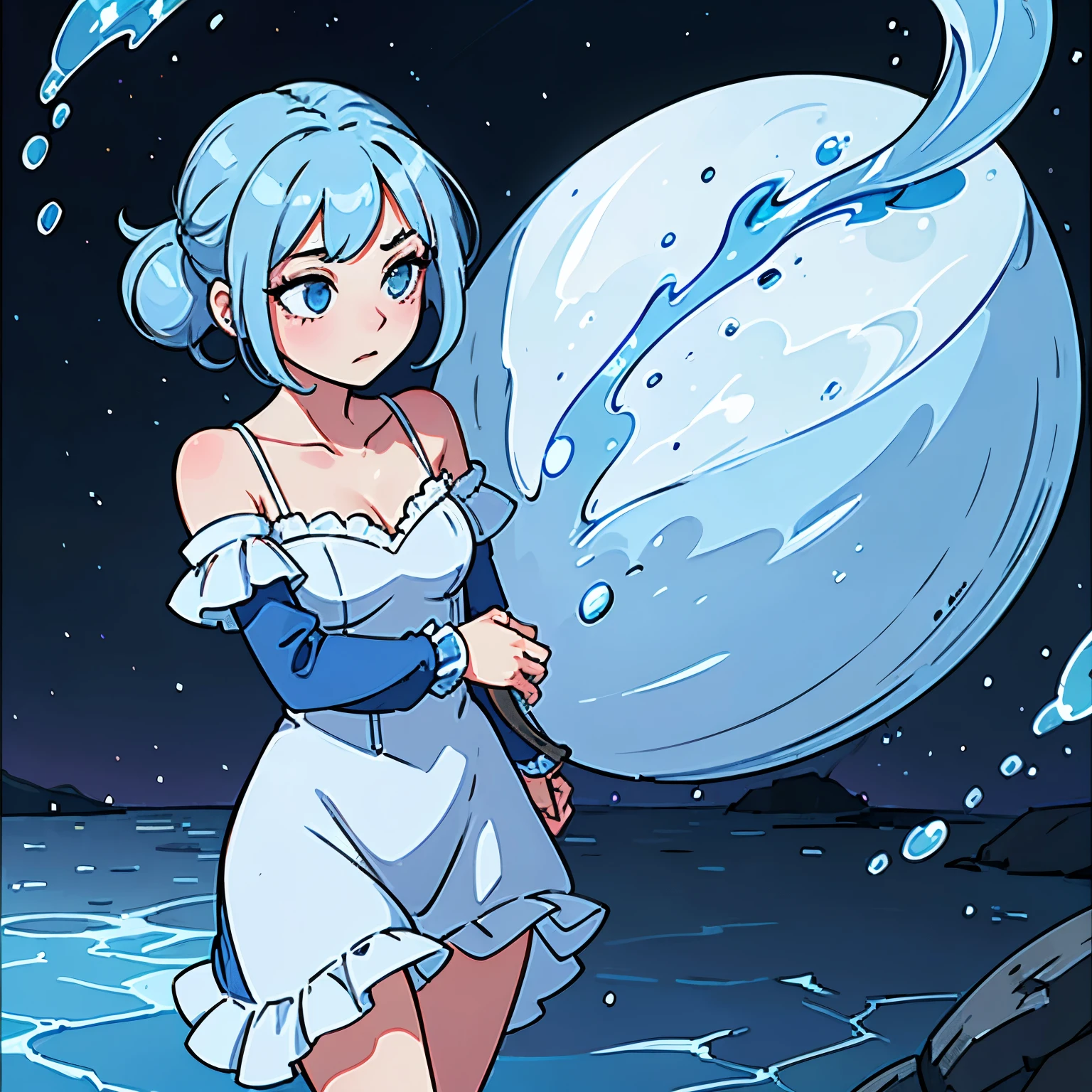 ((8k: 1.27), (maximum quality, art, super high resolution: 1.2), (4K illustration quality), Perfect Female Body, Slim body, short hair with bangs, white hair, ((naked underneath wearing a navy blue cape)), No panties, No bra, showing legs proiminent nipples, small breasts, ((night)), ((snow theme))