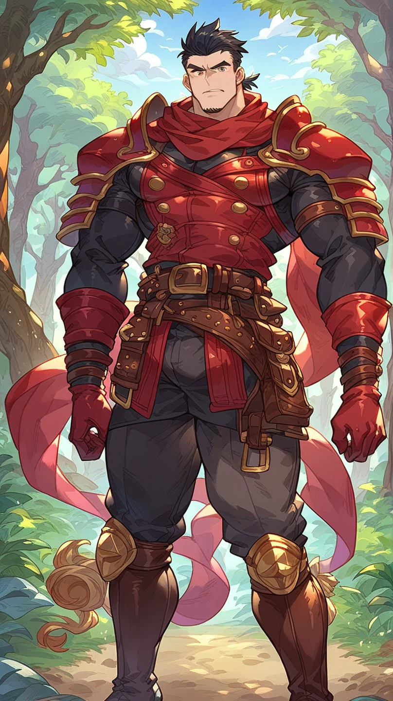 A boy .black hair. Red Scarf (Forehead ). Red Scarf. Fur Shoulder Guard . Red Leather Long Sleeve Jacket.( 6 Bellies Outside Bust )Bare Breasted Open Belly . without a top . Glove Armor . Heavy Belt . Knee Length Pants (Bow ). Red Leather Boots . Exposes 6 Abdominal Muscles.Bandit. Robber Style . Background is Forest.whole body   ..