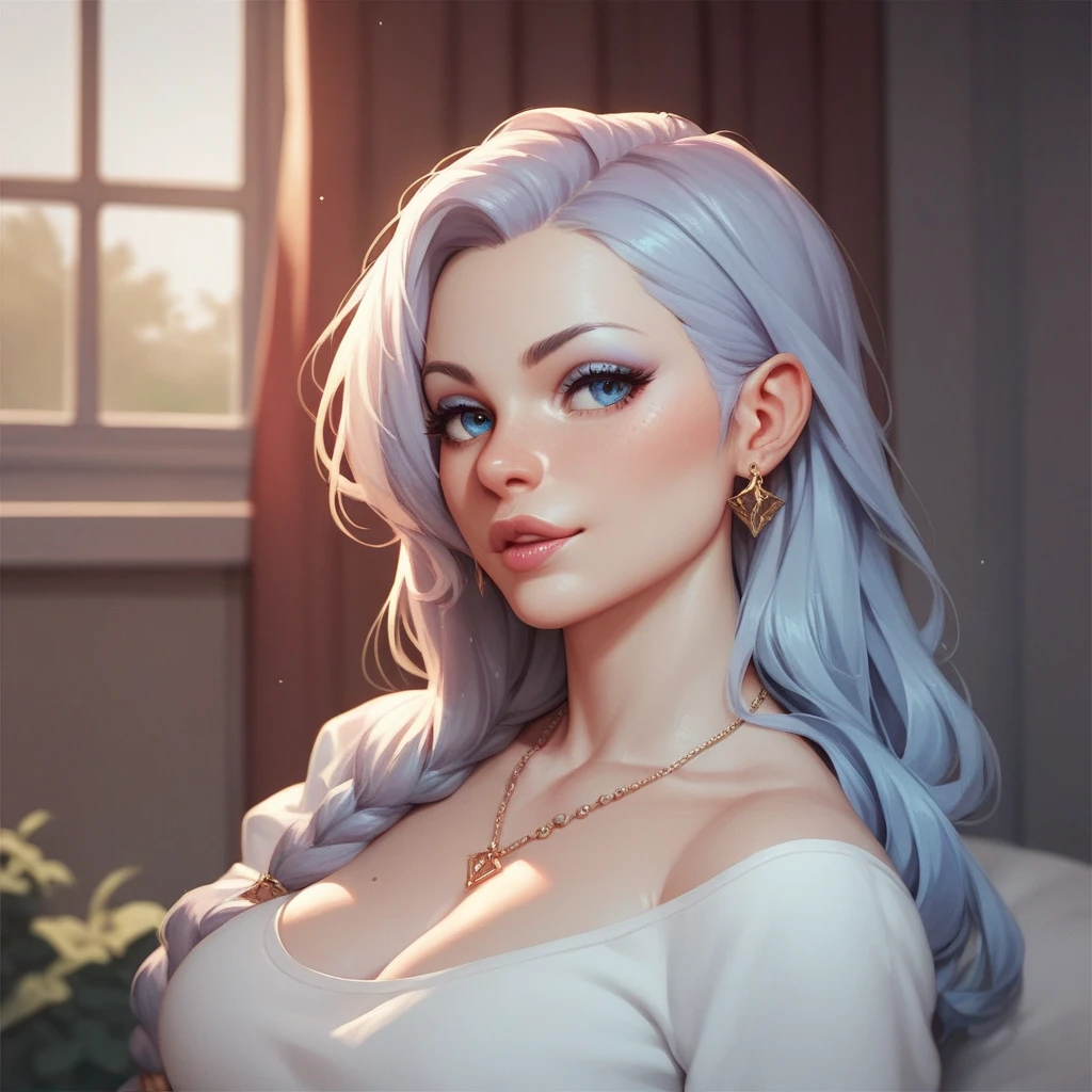 score_9, score_8_up, score_7_up, score_6_up, score_5_up, score_4_up, mei mei , blue eyes, white hair braid, large breasts, necklace,big oversized hoops earrings ,red lipstick , detailed eyes , big saggy breasts , red dress, cleavage