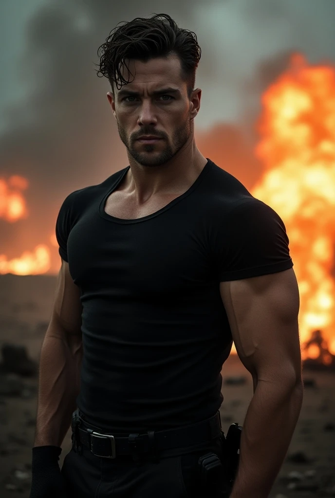 Jamie Dornan brutal hot body, with hairy pubic tight underwear, movie poster concept, war and fire