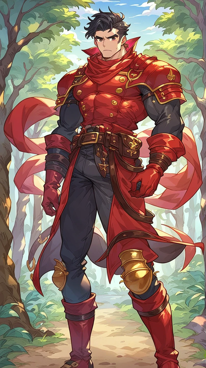 A boy .black hair. Red Scarf (Forehead ). Red Scarf. Fur Shoulder Guard . Red Leather Long Sleeve Jacket.( 6 Bellies Outside Bust )Bare Breasted Open Belly . without a top . Glove Armor . Heavy Belt . Knee Length Pants (Bow ). Red Leather Boots . Exposes 6 Abdominal Muscles.Bandit. Robber Style . Background is Forest.whole body   ..