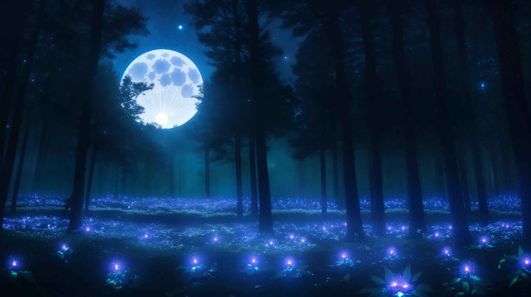 Magical midnight forest in anime style, with glowing flowers, fairy lights, and a luminous moon casting a soft glow. The cool, mystical tones create an enchanting ambiance, complemented by twinkling stars in the sky. The scene is serene and otherworldly, with no human figures.