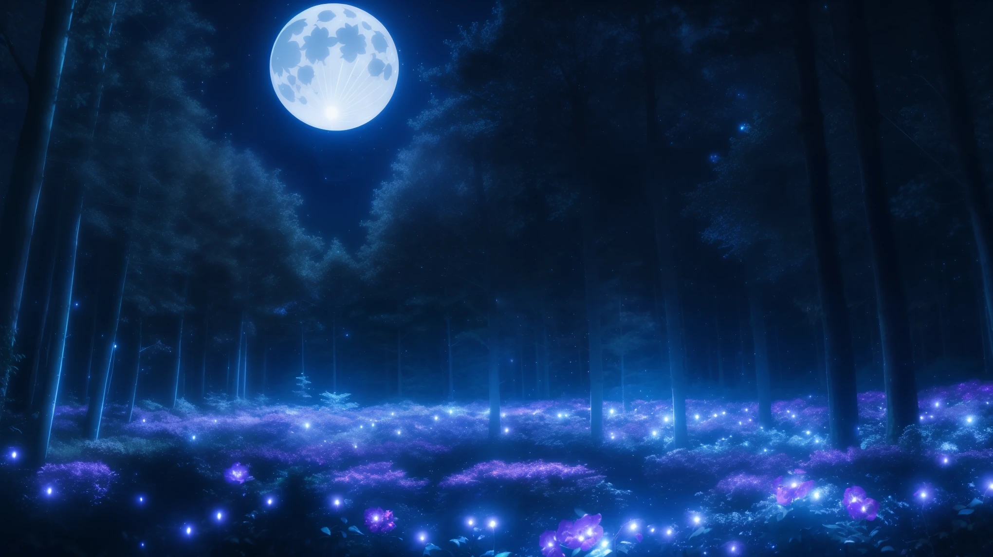 Magical midnight forest in anime style, with glowing flowers, fairy lights, and a luminous moon casting a soft glow. The cool, mystical tones create an enchanting ambiance, complemented by twinkling stars in the sky. The scene is serene and otherworldly, with no human figures.