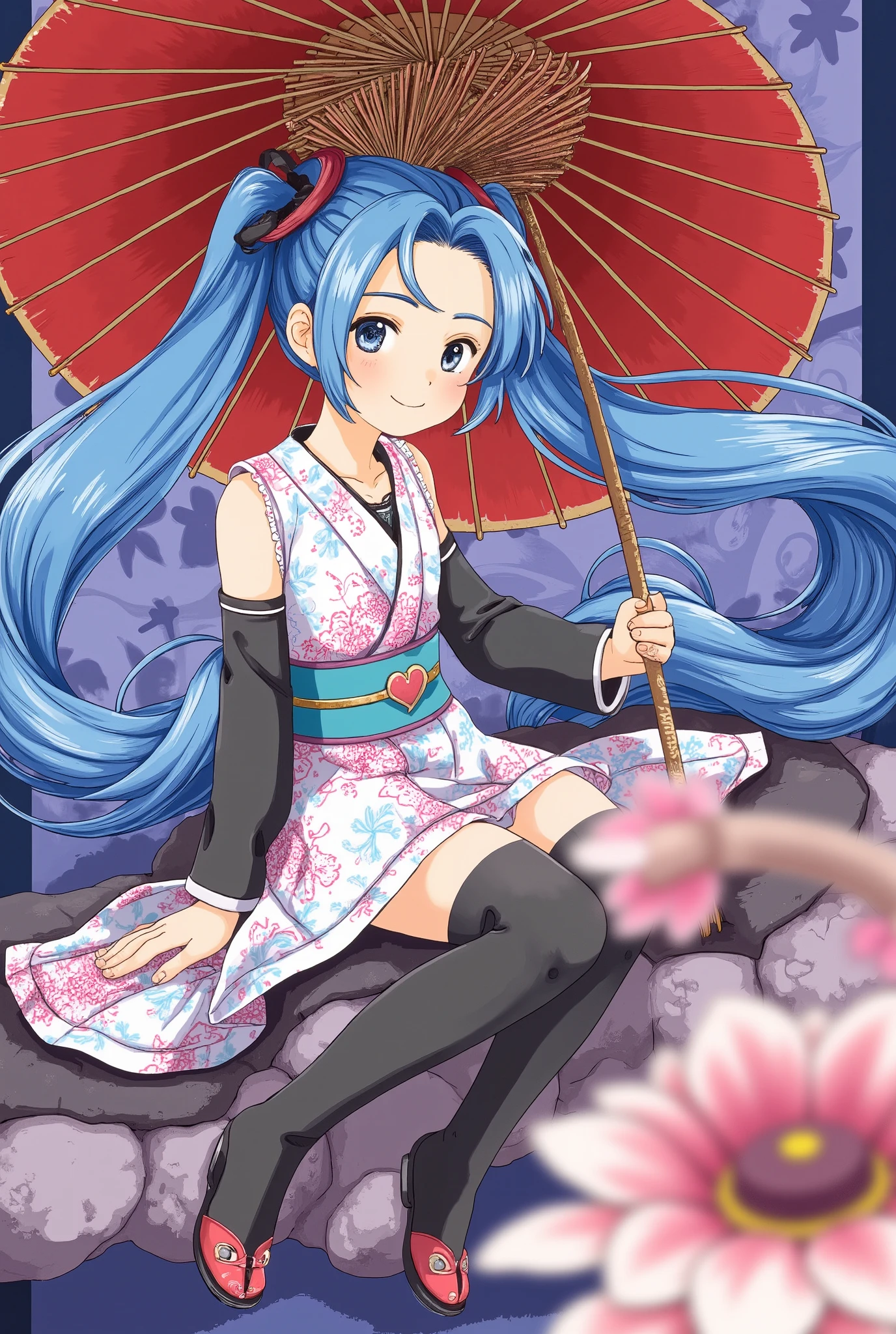 (masterpiece、 best quality、 best quality、 Official Art、 beautiful and beautiful :1.2)、( one girl :1.3) Hatsune Miku、 twin tails, Beautiful breasts,masterpiece,  best quality,  1 girl, Alone, umbrella, japanese clothes,  blue eyes, kimono, oil-paper umbrella, smile, Long Hair,  Gray Hair, or,  sitting, socks, holding, Multicolored Hair, Sandals,   Viewers, sash, Sandals removed, Hair accessories, holding umbrella, shoes, Haori, whole body,  happy new year, white socks, shoes removed,  wide sleeve ,  Long Sleeve , Parasol, heart, , single shoe,  Pink Hair, Lie, Floral print,  closed mouth,  blonde hair