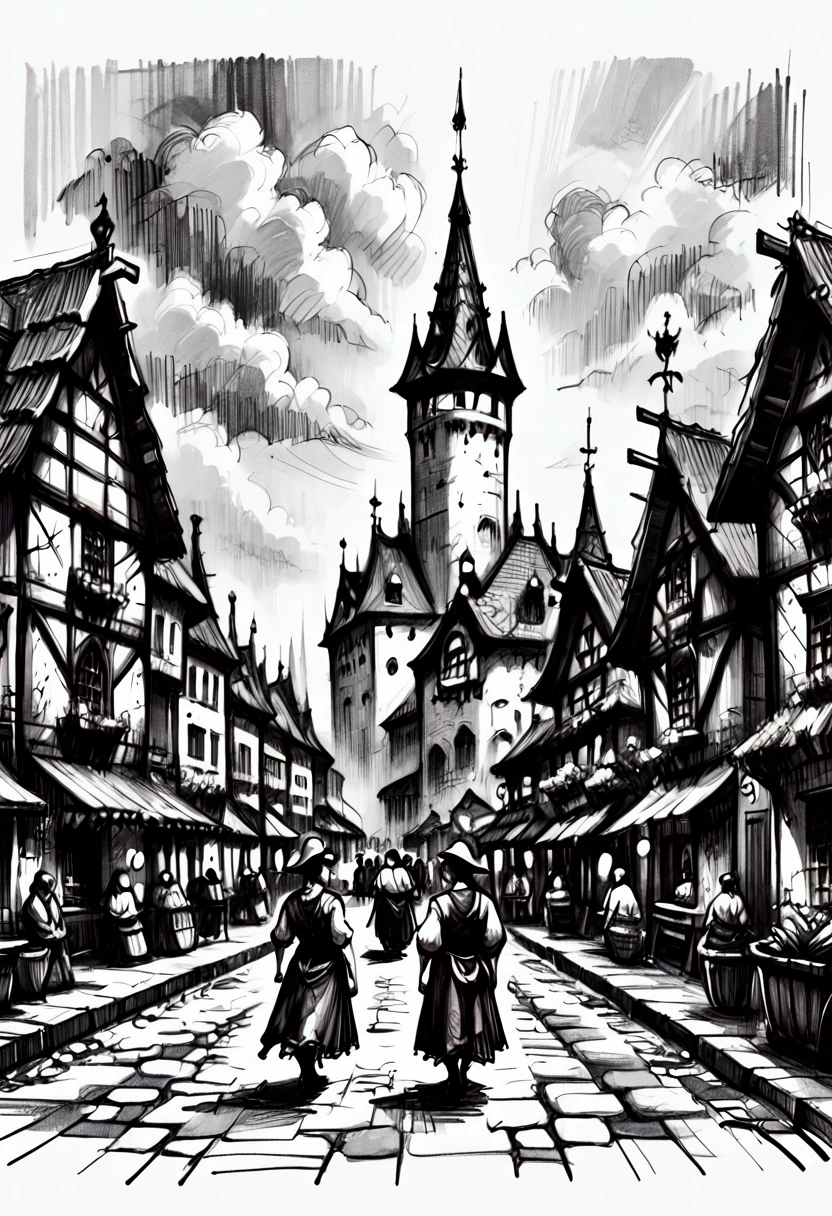 "Imagine a medieval village in a decaying and gloomy atmosphere, depicted as a rough, early sketch in black and white. The market day is chaotic, with bustling crowds of people in worn, faded clothing. The streets are crowded with both locals and wandering traders, creating a sense of movement and noise. Dozens of market stalls, built with wooden beams and draped in tattered cloth, line the narrow cobblestone roads. Local merchants sell common goods—rough pottery, baskets, and salted meats—while exotic traders display rare spices and strange trinkets from distant lands. The stone buildings on either side of the street appear dilapidated, with broken windows and crumbling facades. In the background, dark clouds hang heavily in the sky, adding to the oppressive atmosphere. The sketch’s style is rough and unfinished, with the shading of the stone walls and the textures of fabric and faces being only hinted at in faint pencil strokes. The overall scene is filled with a sense of antiquity and wear, as though frozen in time."
