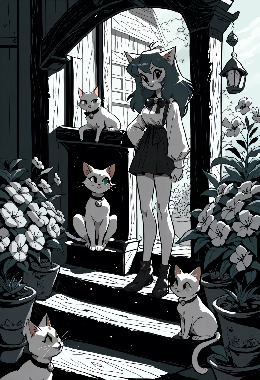 cartoon cat with flower and bow standing next to another cat, illustration of 2 cats, two cats, cute cats, catscatscats, acrace catoon, black and white coloring, black and white cat, two different characters, cats, anime visual of a cute cat, black and white and red, black and white color only, anthropomorphic female cat