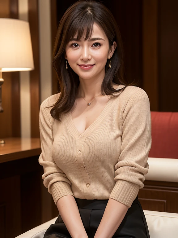 8k, highest quality, masterpiece, Realistic, Photorealistic, Ultra-detailed, Natural light, Shapely breasts, I can see her cleavage, 1 person, 35-year-old woman, Black Hair, Beaver, Straight Hair, (Looking at the camera), Light yellow knitted V-neck shirt, Highly detailed face and skin texture, Ultra-detailed目