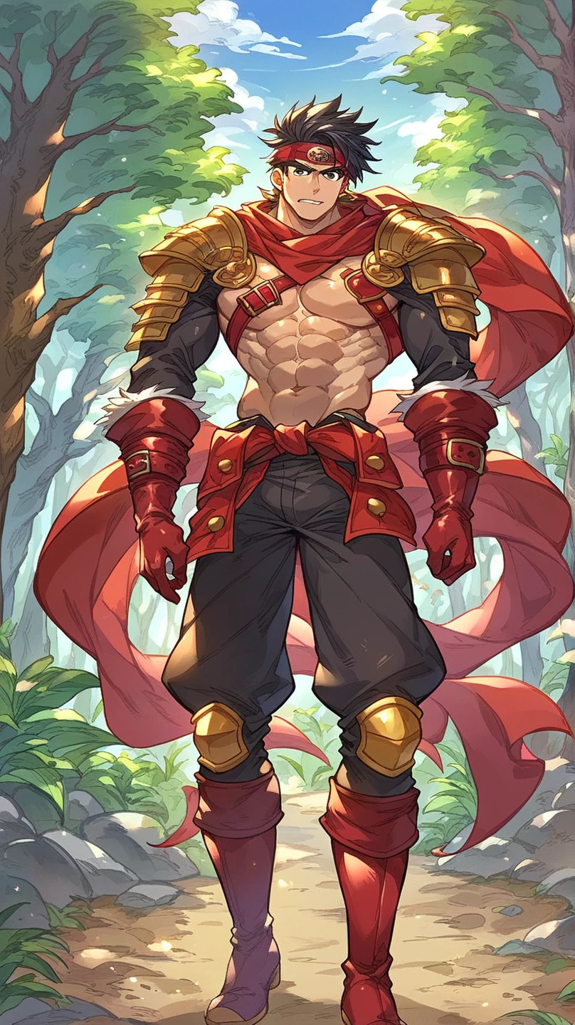 A boy .black hair.Red Scarf (forehead protector). Red Scarf. Fur Shoulder Guard . Red Leather Jacket .(Chest Exposure .6-pack abs)Bare Breasted Open Belly . without a top . Glove Armor . Heavy Belt . Knee Length Pants (Bow ). Red Leather Boots .胸口露出6-pack abs.Bandit. Robber Style . Background is Forest.whole body   ..