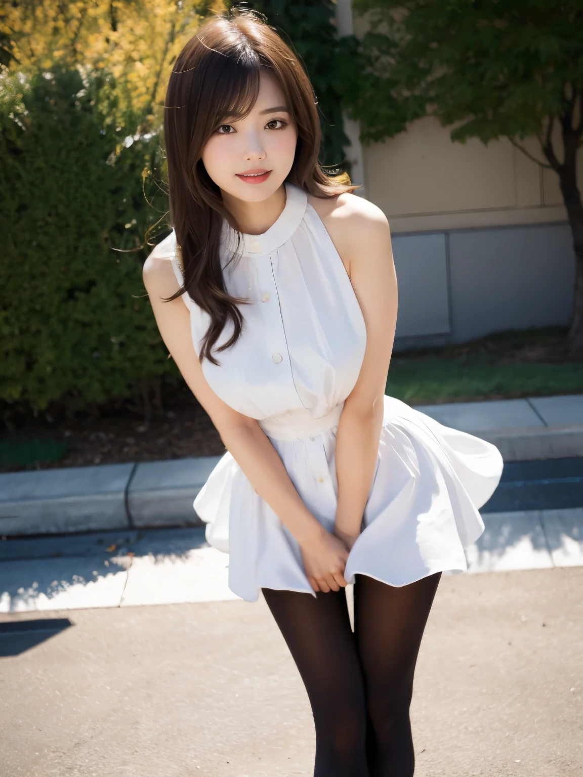 (((8k、High resolution、Highest quality、High resolution)))alone、Natural body shape、Are standing、White skin、Natural Makeup、Halter neck dress、(Ultra-realistic pantyhose:1.3), Skirt and thighs、High heels、(Full Body Shot), Grin, Beautiful mature woman, pastel colour、Random Color、((Shooting from below、Shooting from the feet))、love affair、delight、Get excited、happiness、love、Love love、field、(Strong winds:1.3),
