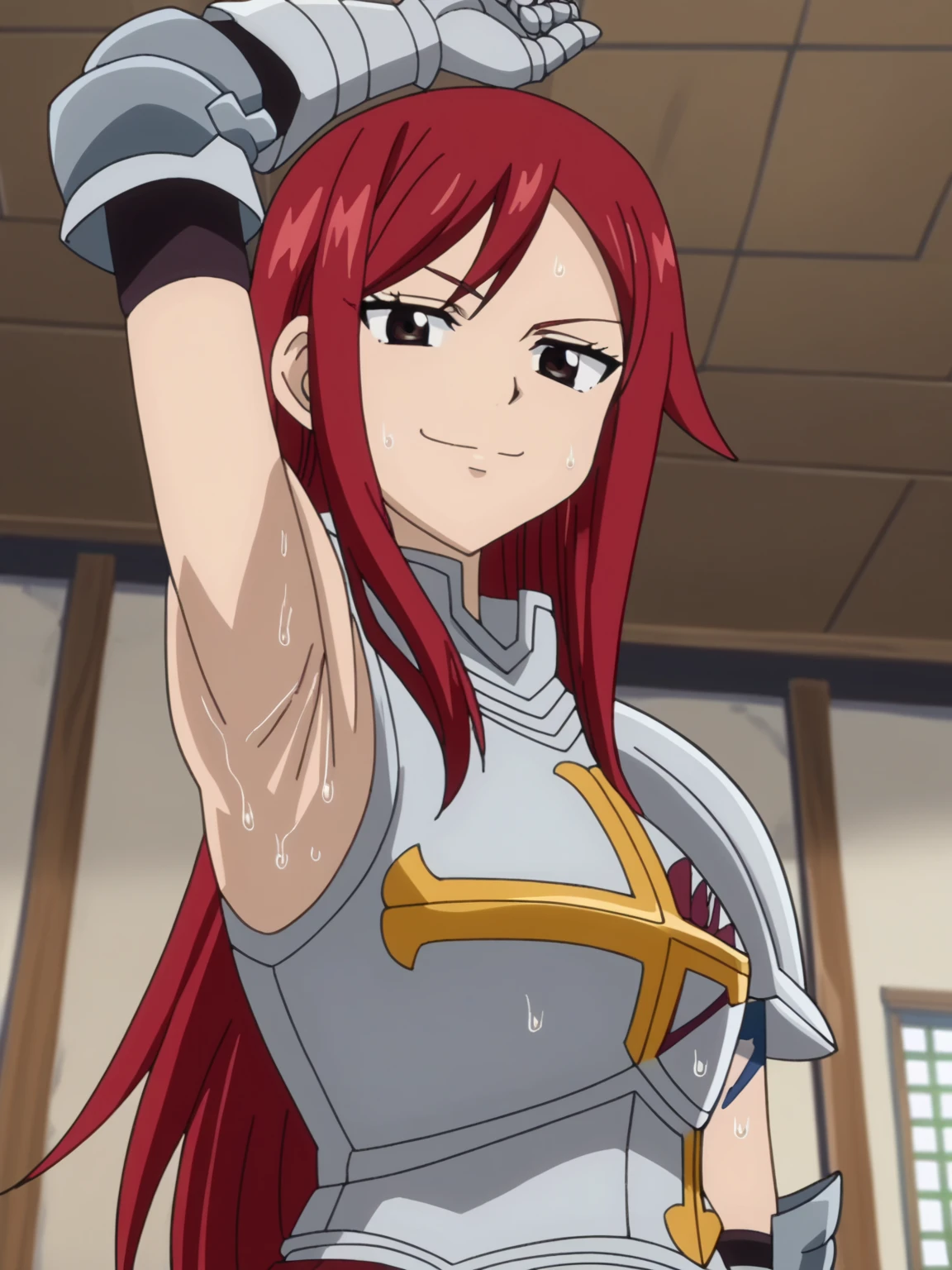 score_9, score_8_up, score_7_up, source_anime, anime screencap, 1girl, solo, Erza_Scarlet_First, brown_eyes, red_hair, long_hair, large_breasts, armor, breastplate, gauntlets, armored_dress, sleeveless, arm up, raised arm, armpit, armpit focus, looking at viewer, smile, closed mouth, indoors, from side, from below, badhandv4, detailed armpits, sweaty armpits, sweating