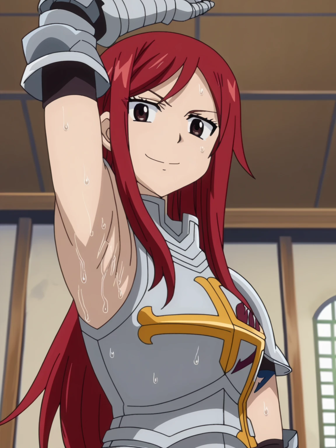 score_9, score_8_up, score_7_up, source_anime, anime screencap, 1girl, solo, Erza_Scarlet_First, brown_eyes, red_hair, long_hair, large_breasts, armor, breastplate, gauntlets, armored_dress, sleeveless, arm up, raised arm, armpit, armpit focus, looking at viewer, smile, closed mouth, indoors, from side, from below, badhandv4, detailed armpits, sweaty armpits, sweating