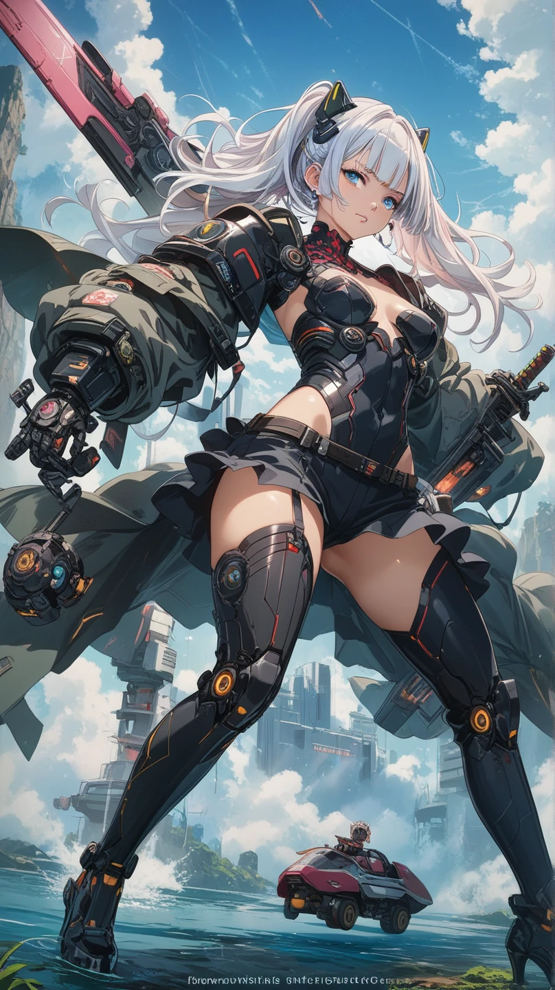 best quality, masterpiece, artstation, official art, 8k, high resolution, catgirl, cat ears, tactical, action shot, cinematic, depth of field, stockings, cyberpunk, cityscape