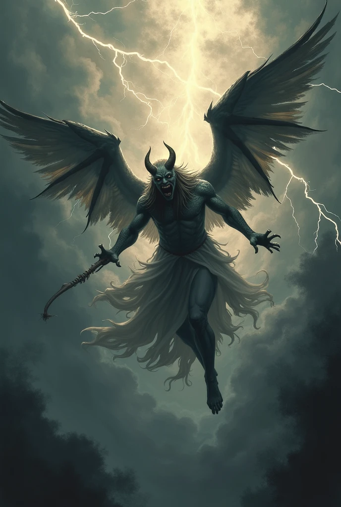 Visualize a dramatic and tormenting scene where Iblis, the fallen angel, is depicted writhing in excruciating pain. Iblis should be shown as a dark and menacing figure with twisted features, surrounded by an aura of despair and anguish. The background should be a desolate, infernal landscape with swirling dark clouds and flickering flames, symbolizing his eternal torment. Use dynamic lighting to emphasize the shadows and highlights, enhancing the atmosphere of agony and suffering. Epic details, hyper detail, 8k, ultra sharp, UHD.
