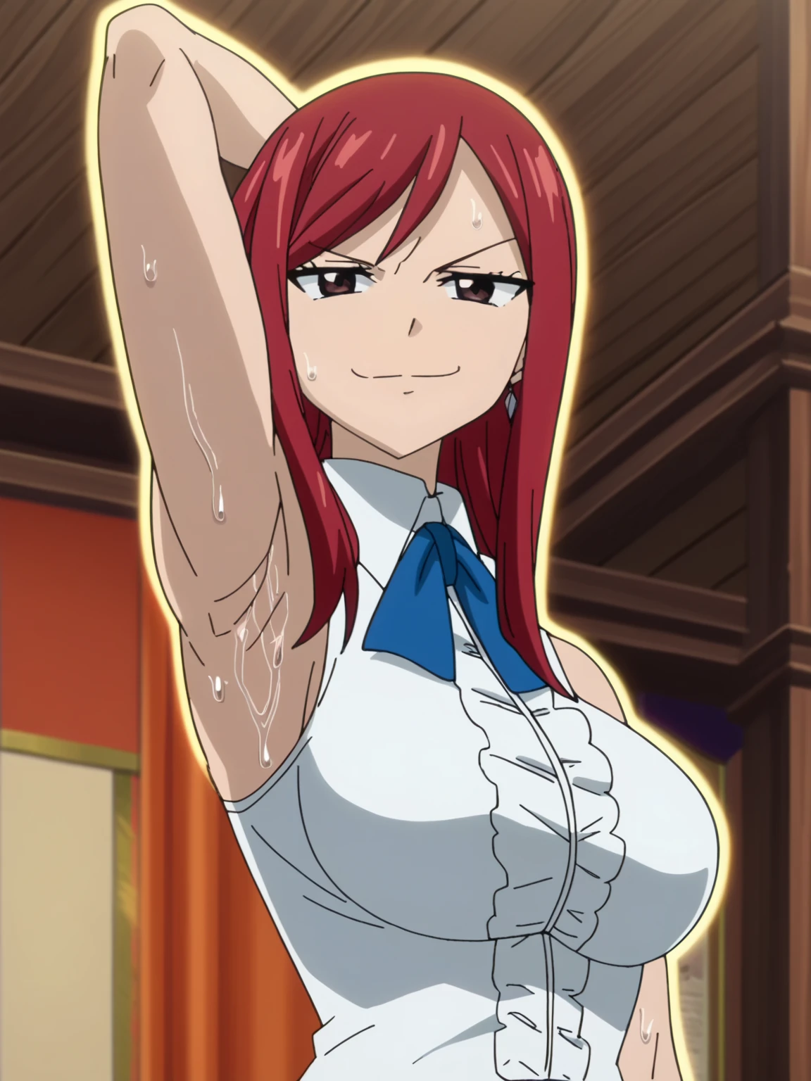 score_9, score_8_up, score_7_up, source_anime, anime screencap, 1girl, solo, Erza_Scarlet_Casual, brown_eyes, red_hair, long_hair, large_breasts sleeveless_shirt, white_shirt, arm behind head, armpit, looking at viewer, smile, smug, closed mouth, from side, from below, armpit focus, armpit up close, close-up of armpit, indoors, badhandv4, detailed armpits, sweaty armpits, sweating