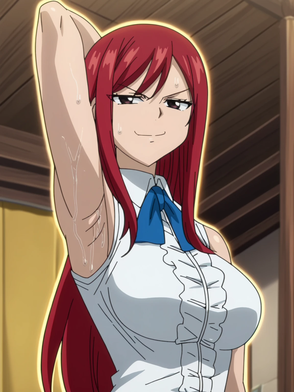 score_9, score_8_up, score_7_up, source_anime, anime screencap, 1girl, solo, Erza_Scarlet_Casual, brown_eyes, red_hair, long_hair, large_breasts sleeveless_shirt, white_shirt, arm behind head, armpit, looking at viewer, smile, smug, closed mouth, from side, from below, armpit focus, armpit up close, close-up of armpit, indoors, badhandv4, detailed armpits, sweaty armpits, sweating