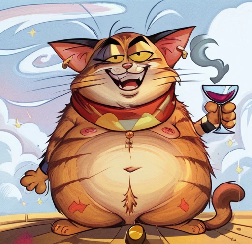 cartoon cat with a glass of wine in his hand, funny cat, !!!! cat!!!!, funny cartoonish, anthropomorphic cat, cat smoking a cigar, funny illustration, fat cat, gaeld the cat, funny weird illustration, the cat is drinking wine, illustration of a cat, the cheshire cat, funny artwork, the cat is smiling, ultra humorous oil painting,в забавной майке которая ему мала,