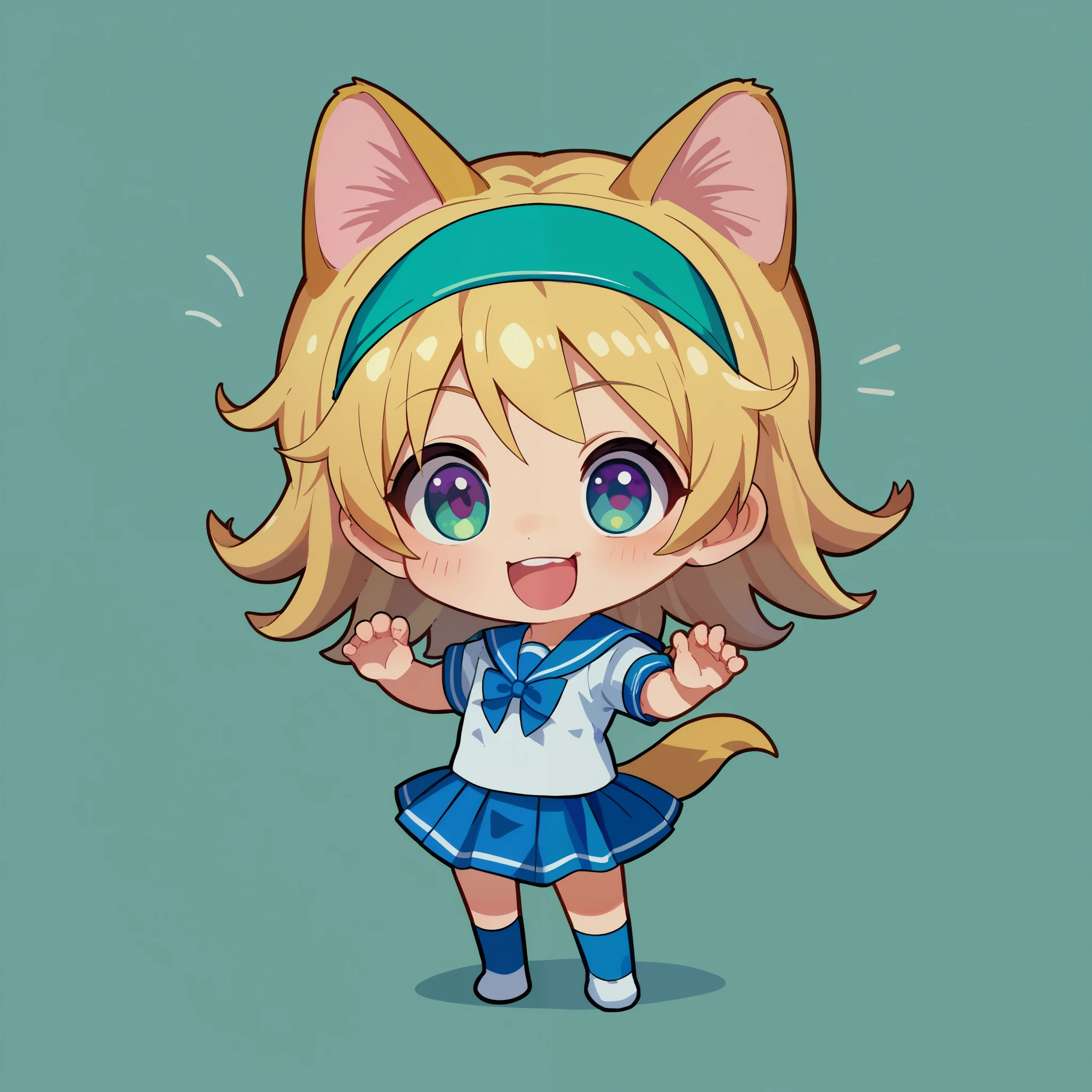 score_9, score_8_up, score_7_up, Chibi Cute, Deformation, Toon Character, Animal ears headband, girl, smile, Open your mouth, Flat Chest, thin, Blonde, Are standing, Full body image, Kawaii pose, Pink and light green motif, Simple Background, Sailor suit, Sailor dress, いたずらなsmile.