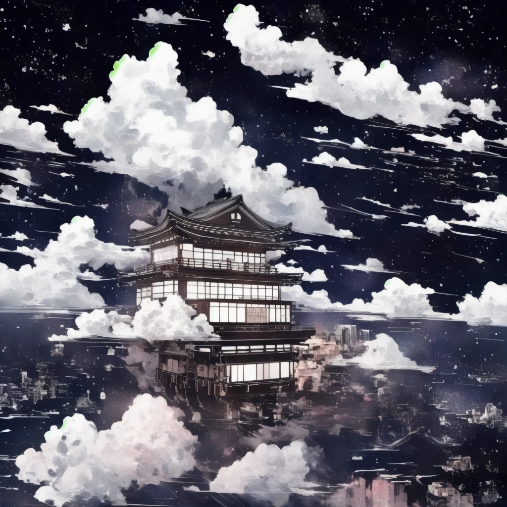 A Japanese house floating above a futuristic city