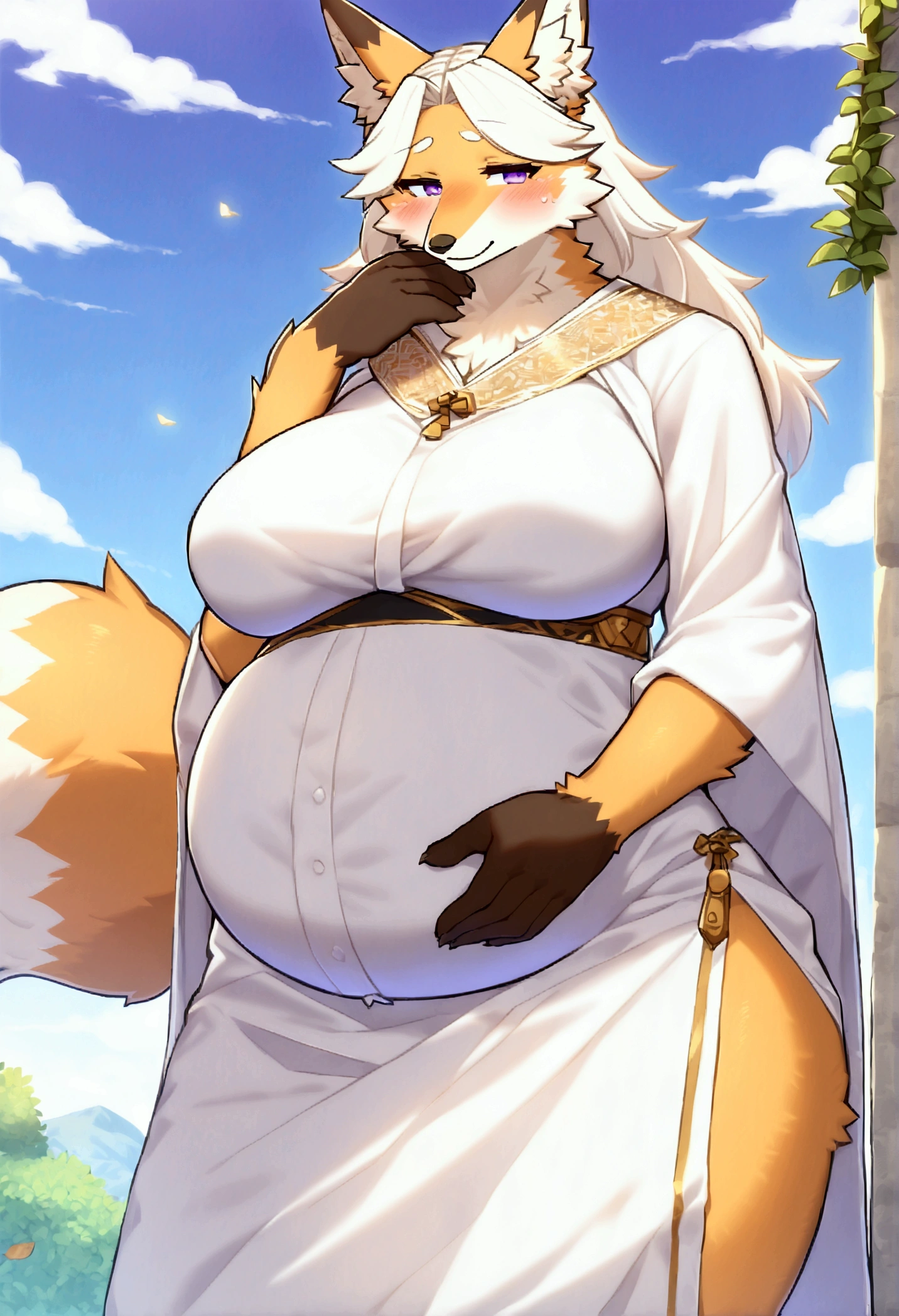 ((By Bebebebebe, by SpiritD, by K0BIT0WANI, best quality, masterpiece, perfect anatomy, detailed picture)), 1female, Blaidd, (Elden Ring), purple eyes, black sclera, sexy body, breasts, harem outfit, fluffy tail, red blushing, shy, in the bedroom, pregnant,