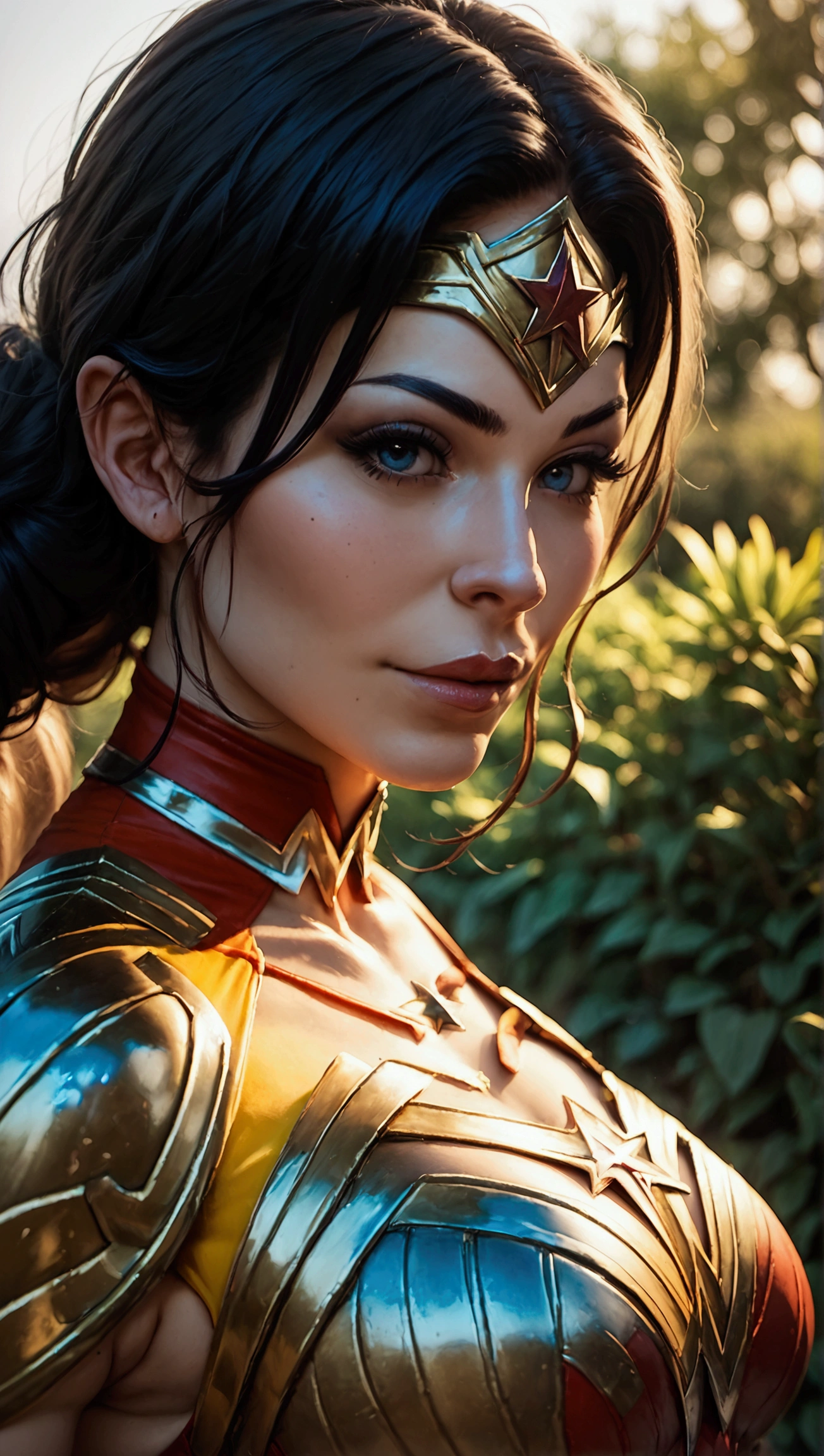 score_9, score_8_up, score_7_up, photo, photorealistic, woman in wonder woman costume, outdoor, daylight, full body shot from below