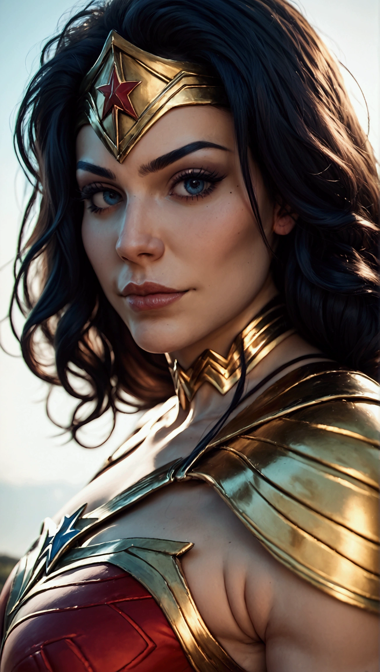 score_9, score_8_up, score_7_up, photo, photorealistic, woman in wonder woman costume, outdoor, daylight, full body shot from below