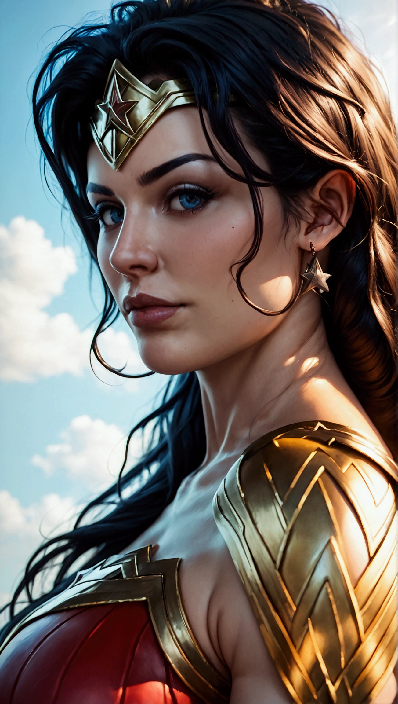 score_9, score_8_up, score_7_up, photo, photorealistic, woman in wonder woman costume, outdoor, daylight, full body shot from below