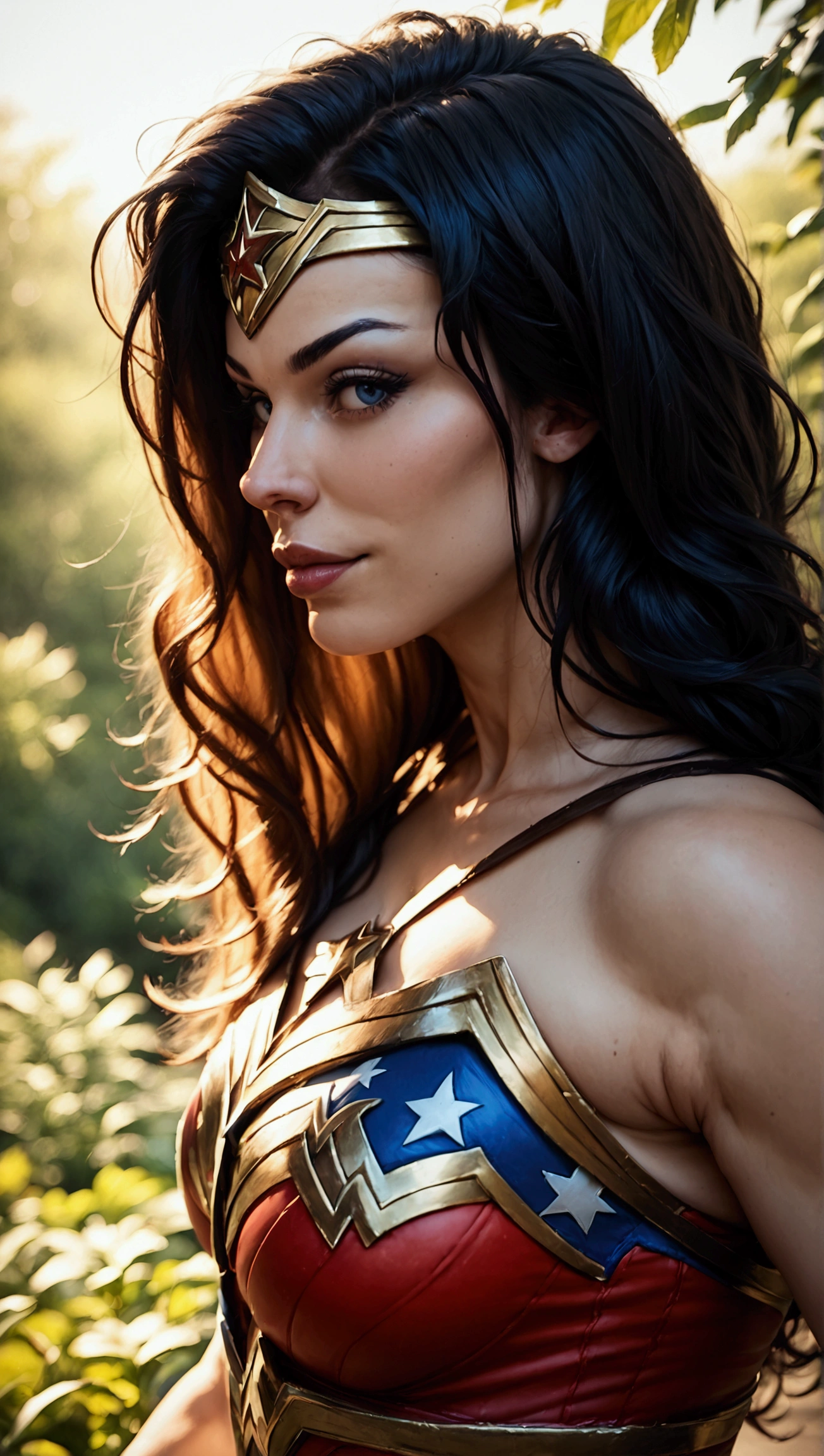 score_9, score_8_up, score_7_up, photo, photorealistic, woman in wonder woman costume, outdoor, daylight, full body shot from below