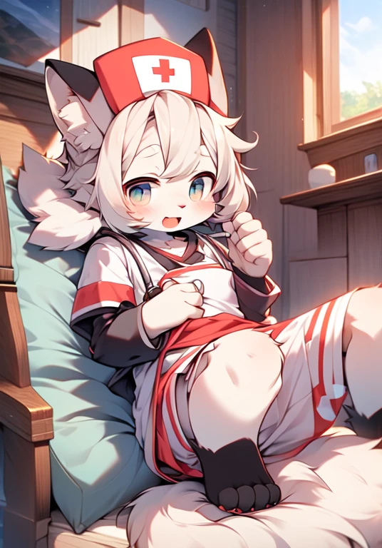 eyes with brightness，in a panoramic view，Character focus，独奏，shaggy，shaggy male，malefocus，anthr，（Full body fur，Fluffy tail，Off-white fur，Orange-red eyes，Gray hair，White color blouse，grey shorts，white legwear：1.2），Close-up of feet，whitestocking，Shota，Wet water，Wet socks，Get wet，