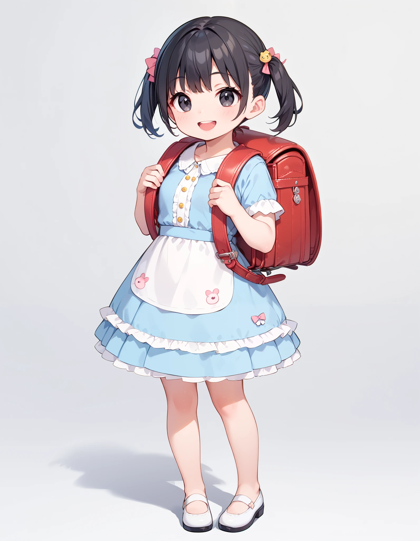 ((cute dress)) (sparkling dress) (chibi), (black hair) (black eyes) (white skin) happy and confident expression. full body,  short hair, twintail, short girl, long straight hair, thin legs, (happy, smile, cheerful), wearing randoseru backpack, red backpack, standing, fullbody 