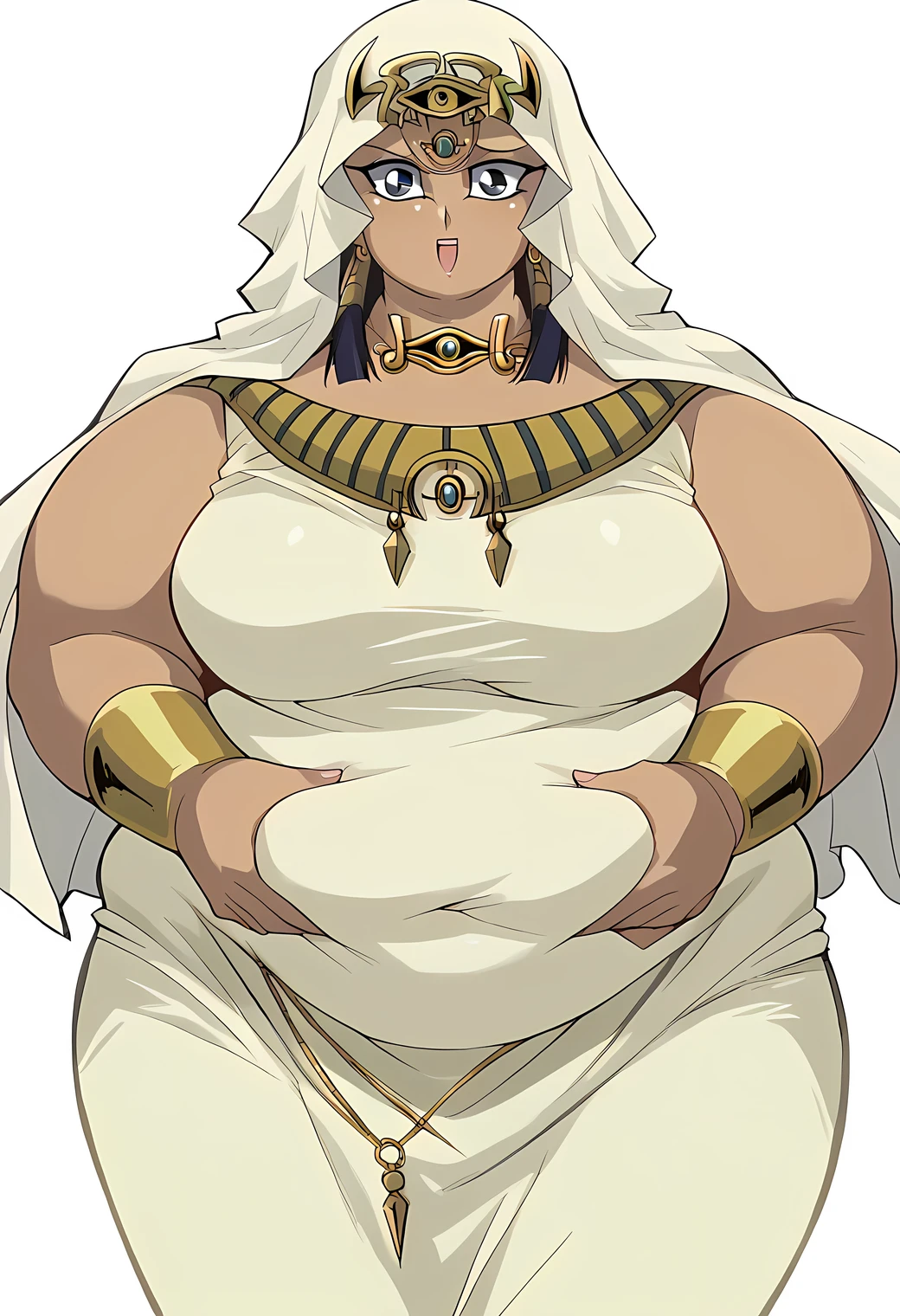 score_9, score_8_up, score_7_up, BREAK source_anime, BREAK II, 1girl, solo, looking at viewer, smile, eye of horus headpiece, eye of horus necklace, forehead jewel, head scarf, egyptian dress, fat, chubby, obese, gigantic arms and legs, large breasts, Ishizu Ishtar, detailed face, perfect quality, detailed eyes, detailed mouth, open mouth, grabbing belly, surprised