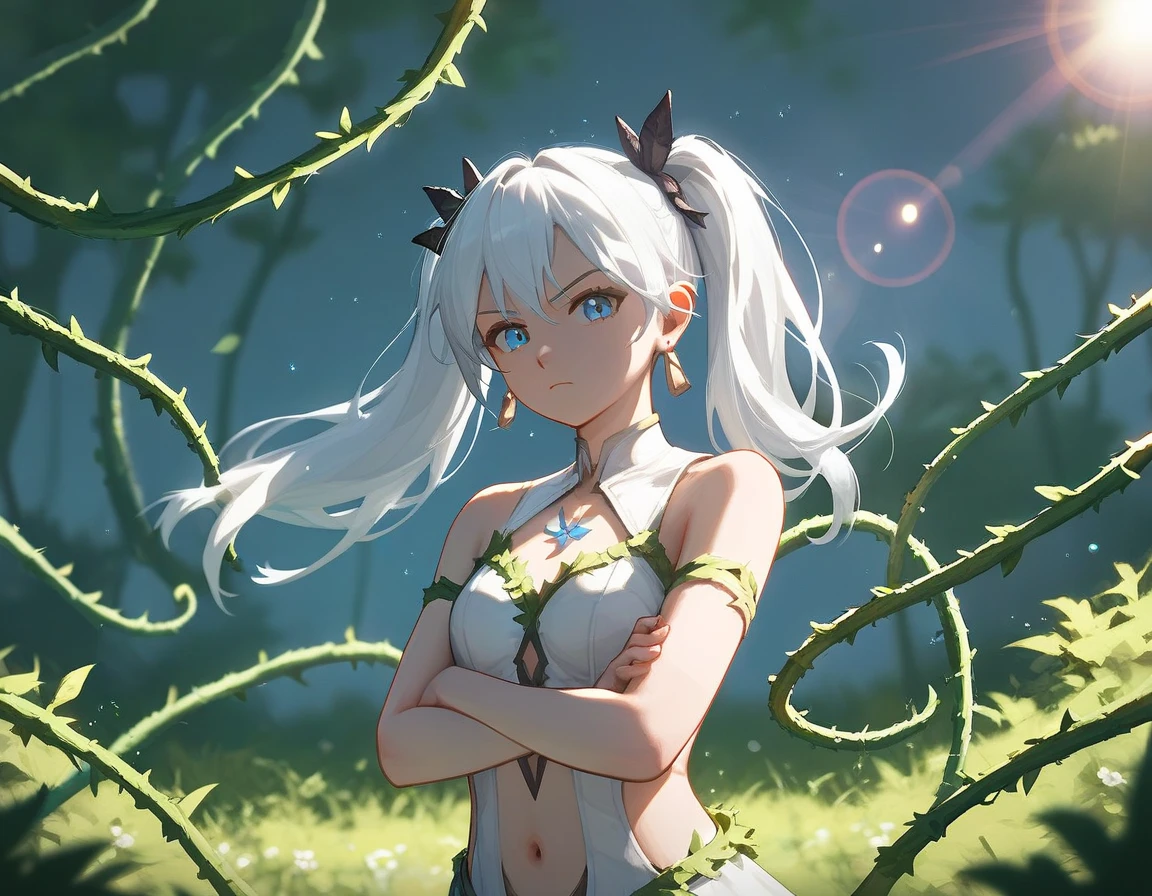 1girl, arms crossed, Head slightly tilted, serious, outdoors, night, threatening posture, walking towards viewer, moonlight, fantasy world, upper body, small leaves falling, (masterpiece:1.2), (best quality:1.2), (very aesthetic:1.2), (absurdres:1.2), (detailed background), newest, grasses, (vines:1.3), action_lines, motion_blur, (glow, lens flare, light particles:1.2), camellya, white hair, twintails, hair ornament, blue eyes, jewelry, earrings, dress, navel cutout, flower