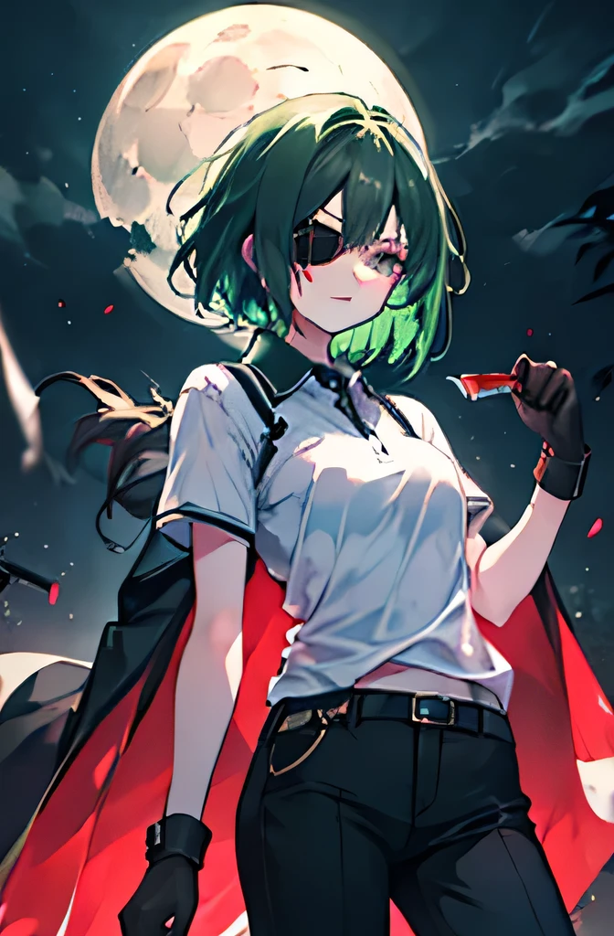 night， moonlight,dark, one girl standing ， green hair， shortcut,Eye patch,White polo shirt,Black blazer, black pants ,Black gloves,knife,Bloody，