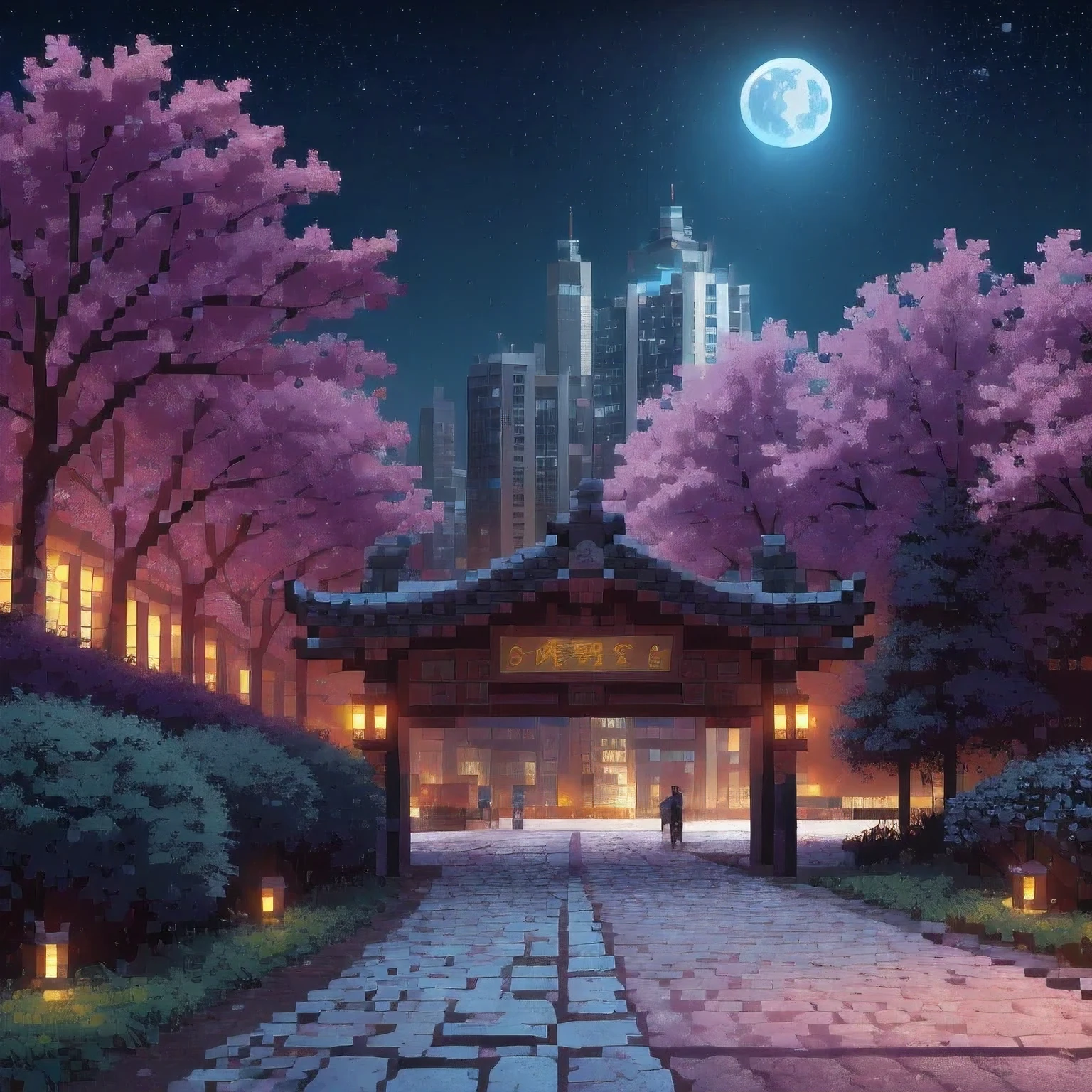 ((紫粉 City : 1.5)), (masterpiece), ( is the best quality: 1.0), ( Ultra High Resolution : 1.0), Detailed illustrations, Detailed Scenery , vibrant colors 紫粉 walking through the city, 8 K, night, Moon Clouds , ((magic, beautiful , Trees: 1.4 )), (( is the best quality, vibrant , 32 k Clear Lighting Effects )).