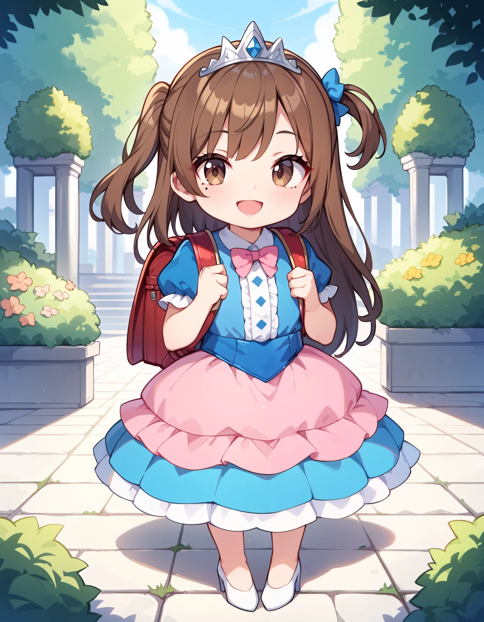 masterpiece, best quality, highres, 1girl, long hair, one side up, solo, ponytail, brown hair, short hair, brown eyes, mole under eye, cowboy shot,princess dress, princess Costume, colorful princess dress,bowtie, smile, frilled dress, tiara, castle, outdoor, garden, wearing randoseru backpack, red backpack,  fullbody, wearing white high heels, chibi, chibi style 