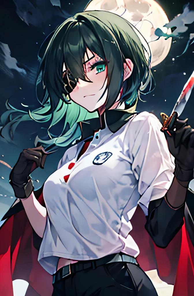 night， moonlight,dark, one girl standing ， green hair， shortcut,Eye patch,White polo shirt,Black blazer, black pants ,Black gloves,knife,Bloody，