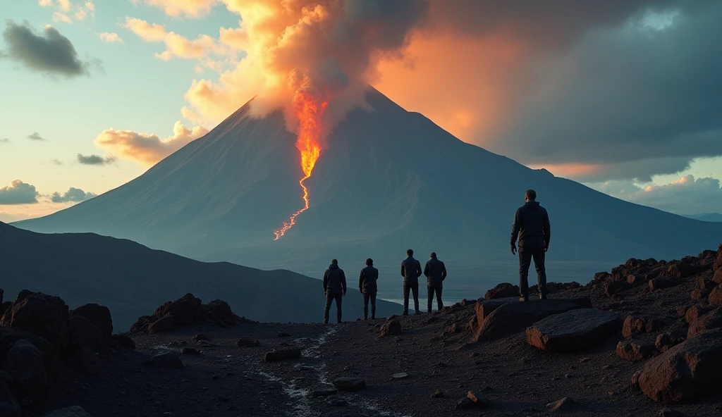 1 girlï¼scenery, cloud, fire, green mountain, no humans, sky, outdoors, cloudy sky, landscape, molten rock <lora:volcano:0.2>