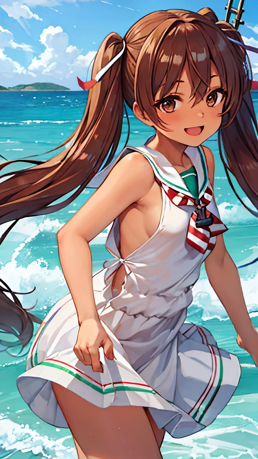 8k high resolution (Super detailed), masterpiece, ( best quality)　 Anime Illustration 　 detailed eyes on board,  detailed face 　 detailed hands 　Fine hair　 very elaborate body 、 fine skin 　One 　 Kantai Collection _Ribeccio　south-west wind_kantaicollection　 long hair,  brown hair,  twin tails　Dark Skin_woman,  Brown Eyes , ribbon hair bow,  happy smiles dancing on the beach, Cheek,  sleeveless　corridor　Flip-up skirt　Breasts seen from the side　Small breasts　 look up