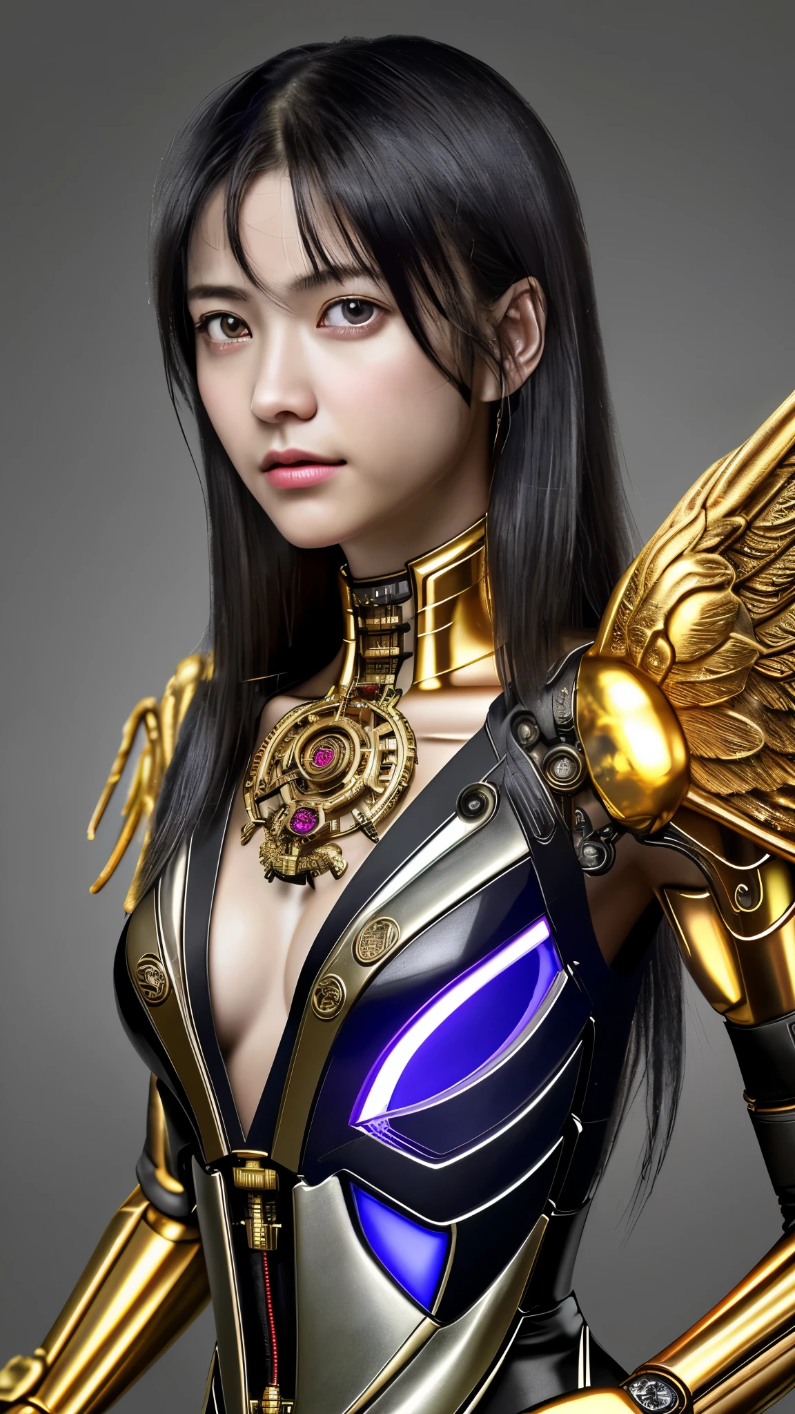 top-quality、masterpiece、超A high resolution、(Photorealsitic:1.4)、Raw photo、1人、Black hair、glowy skin、1 Mechanical Angel、large metal wings、Shining Angel Circle、((super realistic details))、portlate、globalillumination、Shadow、octan render、8K、ultrasharp、Colossal tits、Raw skin is exposed in cleavage、metals、Details of complex ornaments、More about cyberpunk、Glowing LEDs、IC chips、Base、Data Links、Hydraulic cylinder、highly intricate detail、Realistic light、a purple eye、radiant eyes、Facing the camera、neon details、Mechanical limbs、blood vessels connected to tubes、Mechanical vertebrae attached to the back、mechanical cervical attaching to neck、cowboy shot、Wires and cables connecting to the head、Luminous tube、Small LED lamp、Sumerian details、