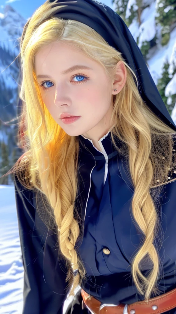  Pretty woman,cute,huge natural breasts, blonde hair curly/flowing, detailed dark BLUE eyes and face, not to skinny, make it ultra-realistic, western european girl, in the snow in the mountains, ripped off nun uniform, extremely detailed blue eyes, extremely long wavy blonde hair