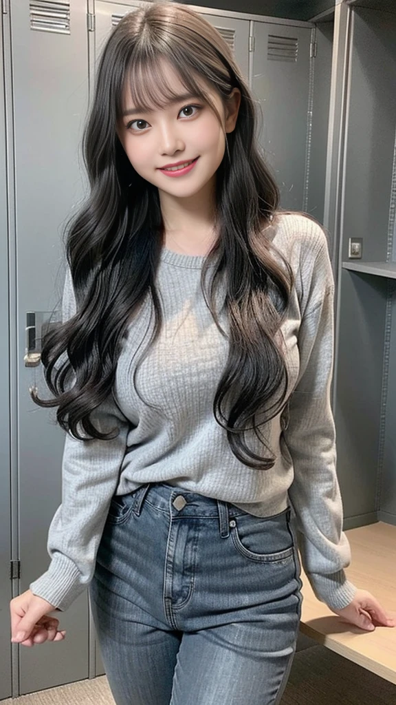 (chubby),(((gray long sleeve knit, gray jeans)))、 ((((black long wavy hair)))),(((grin face, scornful eyes:1.1)))、 Japanese、((((Round face))))、(big cheeks)、((Cute Face))、(((Japaneseジュニアアイドル)))、(((background: locker room))), High resolution、high resolution、In 8K,Highly detailed eyes and face、超High resolution, High resolution、high resolution、In 8K