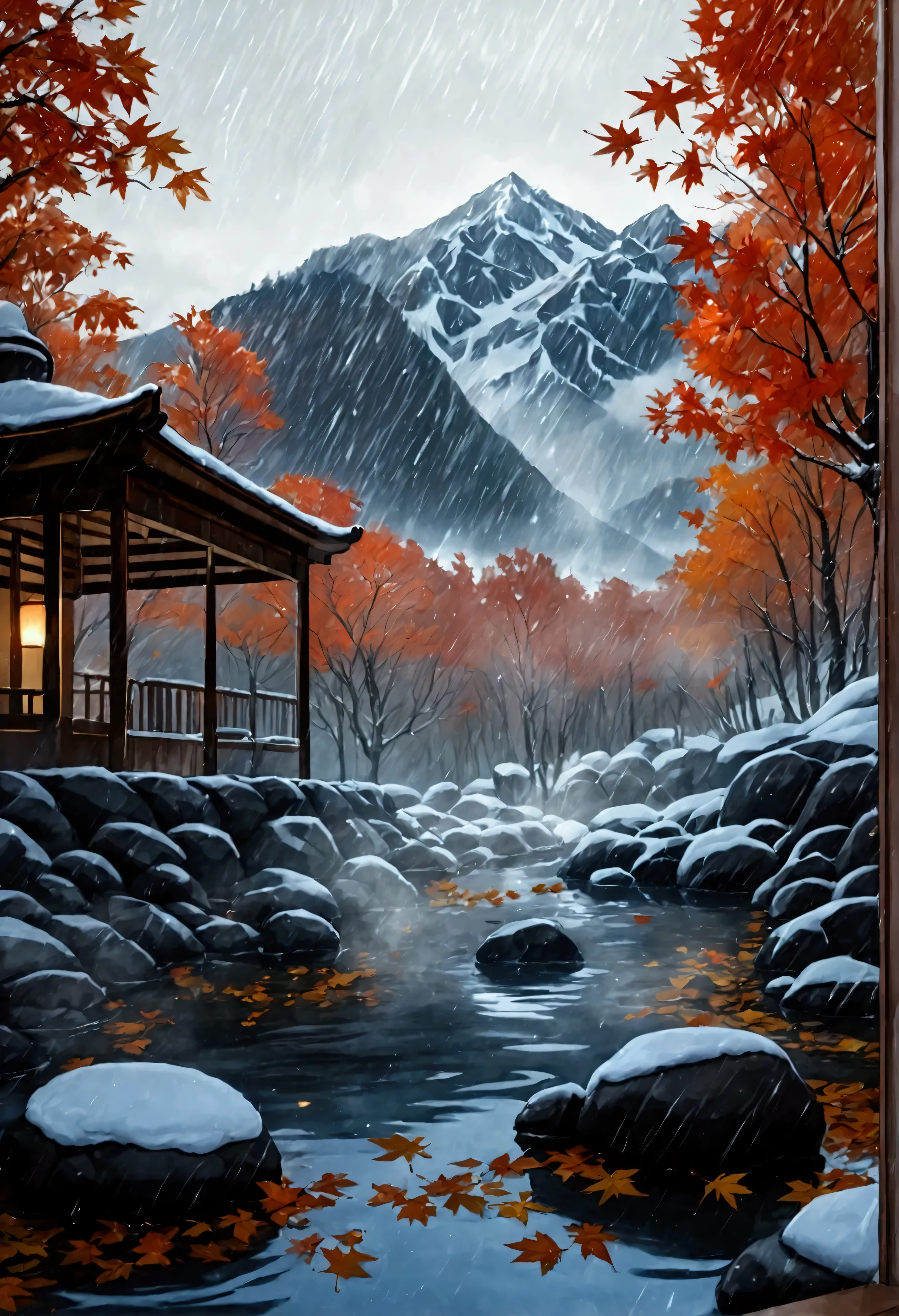 score_9, score_8_up, score_7_up, a stunning, photorealistic digital image of a traditional Japanese onsen nestled in the mountains during a cold autumn night, inspired by the serene and atmospheric works of Hayao Miyazaki. The scene captures the steamy, warm waters of the onsen, glowing under soft lantern light, with light rain falling, creating ripples on the water’s surface. The surrounding trees display vibrant autumn colors—deep reds and oranges—with wet leaves sticking to the rocks. The cold, solemn atmosphere just before snowfall contrasts with the inviting warmth of the steamy hot spring.

For camera settings, emulate the clarity and depth of a Hasselblad H6D-100c, using a Zeiss Otus 85mm f/1.4 lens to capture sharp details of the steam rising from the water, the delicate rain, and the autumn leaves. The angle should be a low, wide shot from the edge of the onsen, focusing on the interplay of steam and rain while showcasing the rich textures of the stone, wood, and trees. The lighting should be soft and warm, coming from traditional Japanese lanterns, creating a subtle glow amidst the cold, dark environment.

Post-processing should emphasize the contrast between the cold air and warm water, enhancing the foggy steam and reflections on the wet surfaces, while keeping the natural colors rich but muted for a solemn, peaceful ambiance. Ensure the final image has a cinematic 16:9 aspect ratio to immerse the viewer in this tranquil autumn night scene.