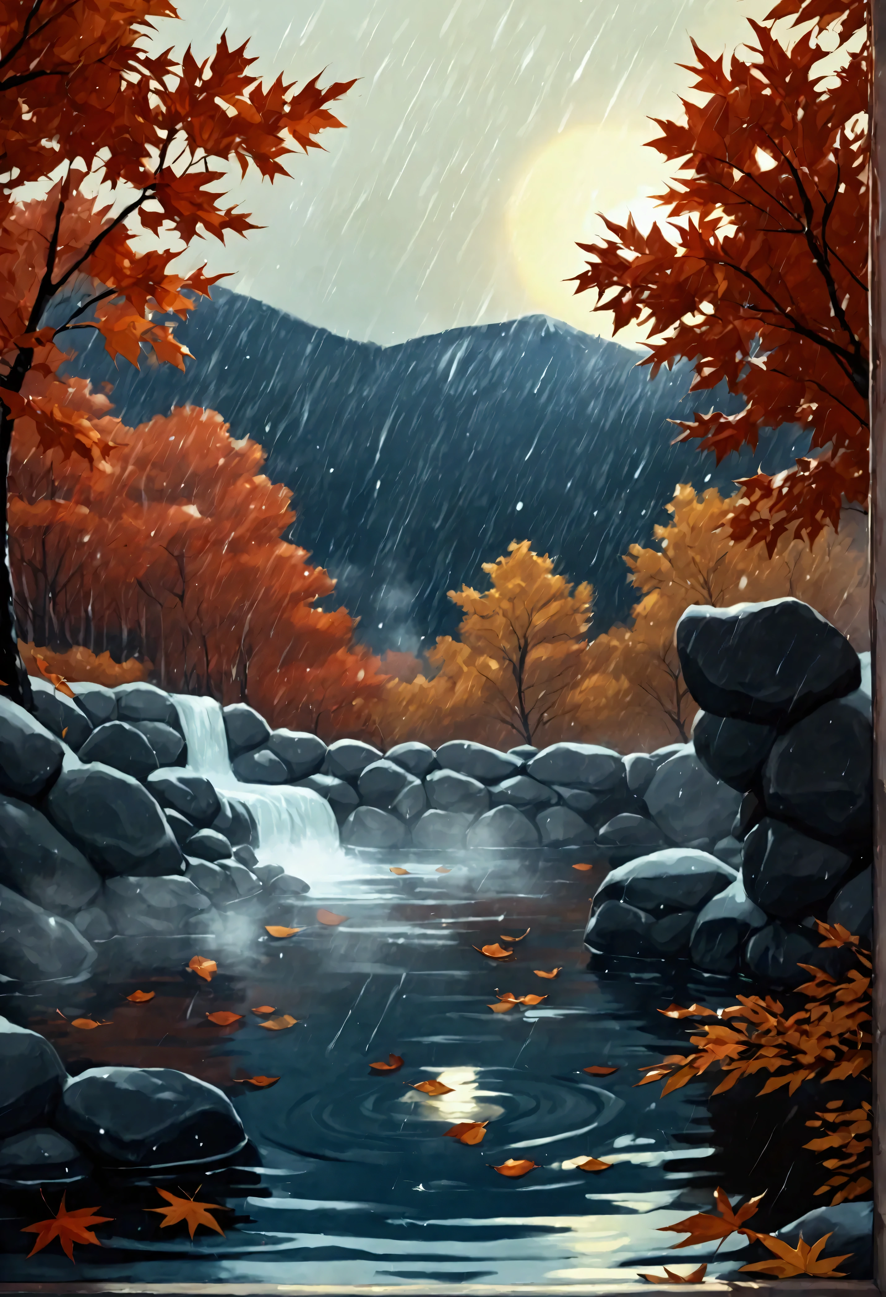 score_9, score_8_up, score_7_up, a stunning, photorealistic digital image of a traditional Japanese onsen nestled in the mountains during a cold autumn night, inspired by the serene and atmospheric works of Hayao Miyazaki. The scene captures the steamy, warm waters of the onsen, glowing under soft lantern light, with light rain falling, creating ripples on the water’s surface. The surrounding trees display vibrant autumn colors—deep reds and oranges—with wet leaves sticking to the rocks. The cold, solemn atmosphere just before snowfall contrasts with the inviting warmth of the steamy hot spring.

For camera settings, emulate the clarity and depth of a Hasselblad H6D-100c, using a Zeiss Otus 85mm f/1.4 lens to capture sharp details of the steam rising from the water, the delicate rain, and the autumn leaves. The angle should be a low, wide shot from the edge of the onsen, focusing on the interplay of steam and rain while showcasing the rich textures of the stone, wood, and trees. The lighting should be soft and warm, coming from traditional Japanese lanterns, creating a subtle glow amidst the cold, dark environment.

Post-processing should emphasize the contrast between the cold air and warm water, enhancing the foggy steam and reflections on the wet surfaces, while keeping the natural colors rich but muted for a solemn, peaceful ambiance. Ensure the final image has a cinematic 16:9 aspect ratio to immerse the viewer in this tranquil autumn night scene.