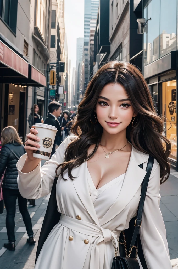 (((desi girl))), chubby face, natural fair skin, wearing only blazer, charming black hair, ((hair ends are blonde)), huge breasts, deep cleavage, holding Starbucks coffee, indian temples in background, bokeh
