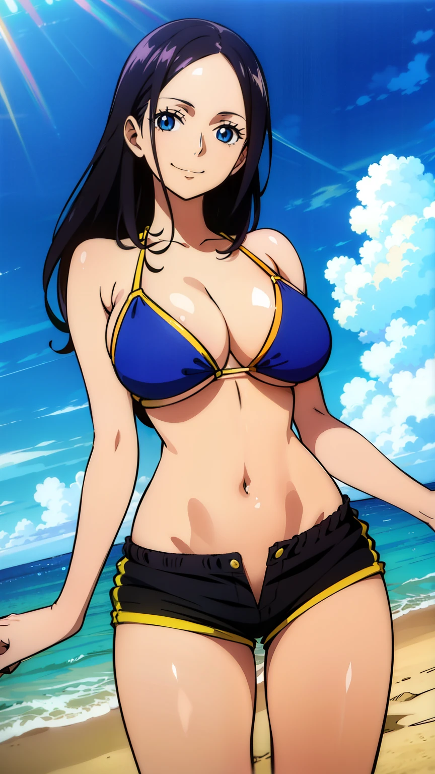 (masterpiece, best quality, high resolution, 8K:1.2), anime coloring, detailed, from one piece, one piece style, mature woman, 30 years old, woman with long black hair, (big medium breasts), calm and collected, happy expression and laughing, soft look, beautiful face, perfect hands, (bikini, navel, shorts, beach, smile), cowboy shot, dutch angle, looking at viewer,