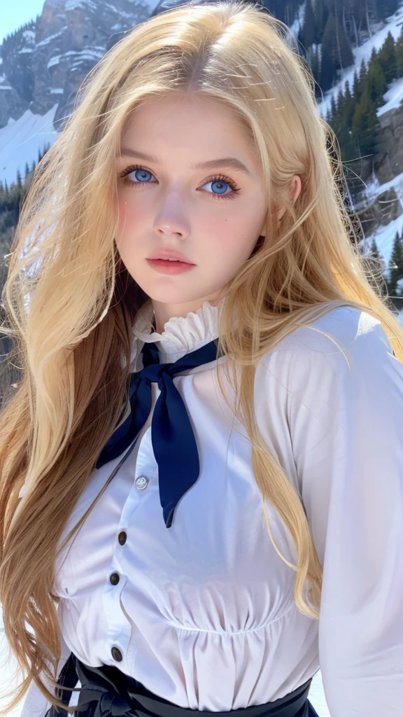  Pretty woman,cute,huge natural breasts, blonde hair curly/flowing, detailed dark BLUE eyes and face, not to skinny, make it ultra-realistic, western european girl, in the snow in the mountains, ripped off nun uniform, extremely detailed blue eyes, extremely long wavy blonde hair