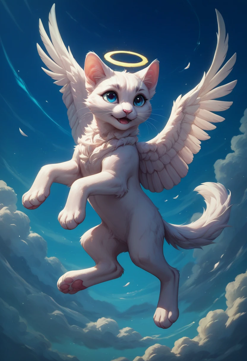  High Quality、 best quality、The cutest white kitten in the world、((Realistic:1.3))、 16 white wings on its back 、Floating in the air 、 dynamic composition 、Angel