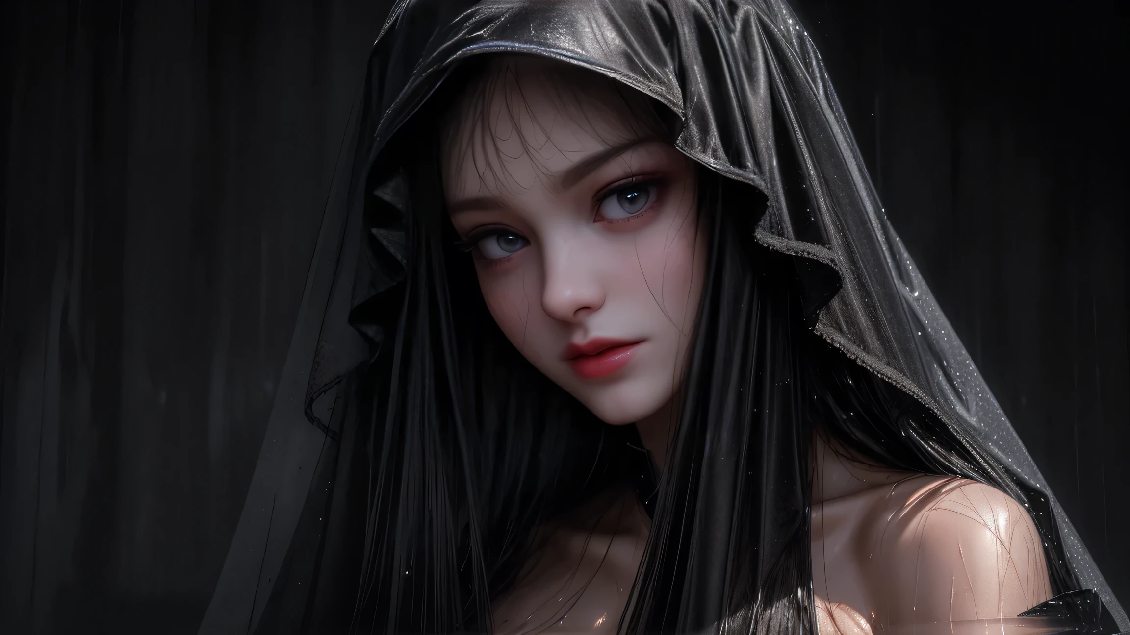 A visually striking and enchanting digital art piece, which masterfully utilizes negative space patterns to create a breathtaking image. A mysterious and elegant female figure stands confidently, her dark hood adorned with intricate gothic designs. She has a fat face that is not pretty and (((no mask))). In her hand, she holds a sinister yet beautiful intricate dagger. The negative space patterns transform into a surreal and mesmerizing background, perfectly framing the subject and captivating the viewer's attention. The overall piece embodies dark fantasy, capturing the essence of vibrant painting, portrait photography, and illustration, all combined in a single mesmerizing work of art., vibrant, dark fantasy, portrait photography, painting, illustration