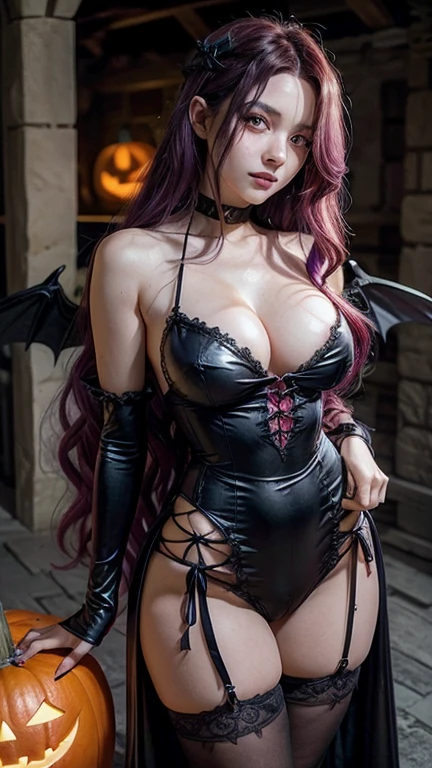  Woman with wavy and long purple hair.  bright red eyes .  cleavage.  her legs are visible .  Dressed as a black Dracula .  She has small wings on her back . inside an old castle ,  decorated with Halloween pumpkins .