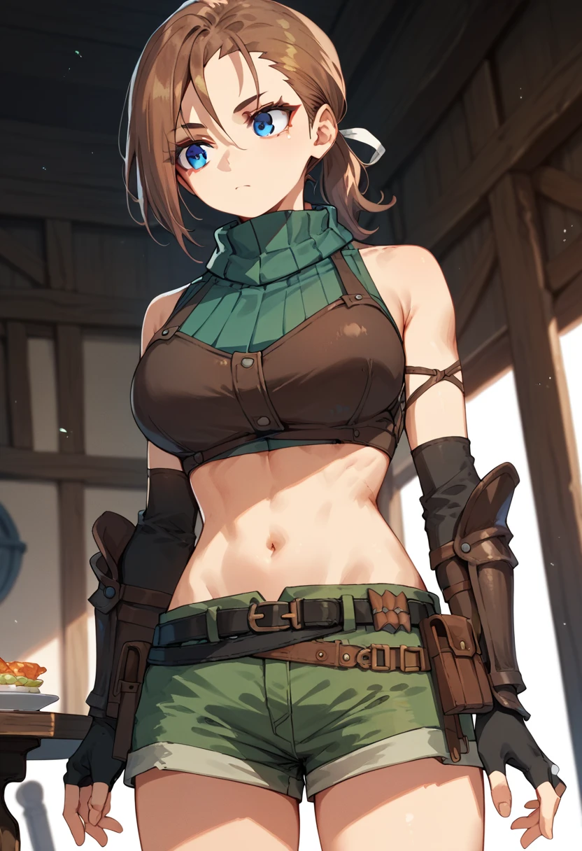 RhudaRunebeck
long hair, asymmetrical bangs, brown hair, blue eyes, low ponytail, short ponytail, white ribbon
turtleneck, sleeveless, ribbed shirt, green shirt, crop top, breastplate, navel, elbow gloves, fingerless gloves, black gloves, arm guards, black belt, belt pouch, short shorts, green shorts