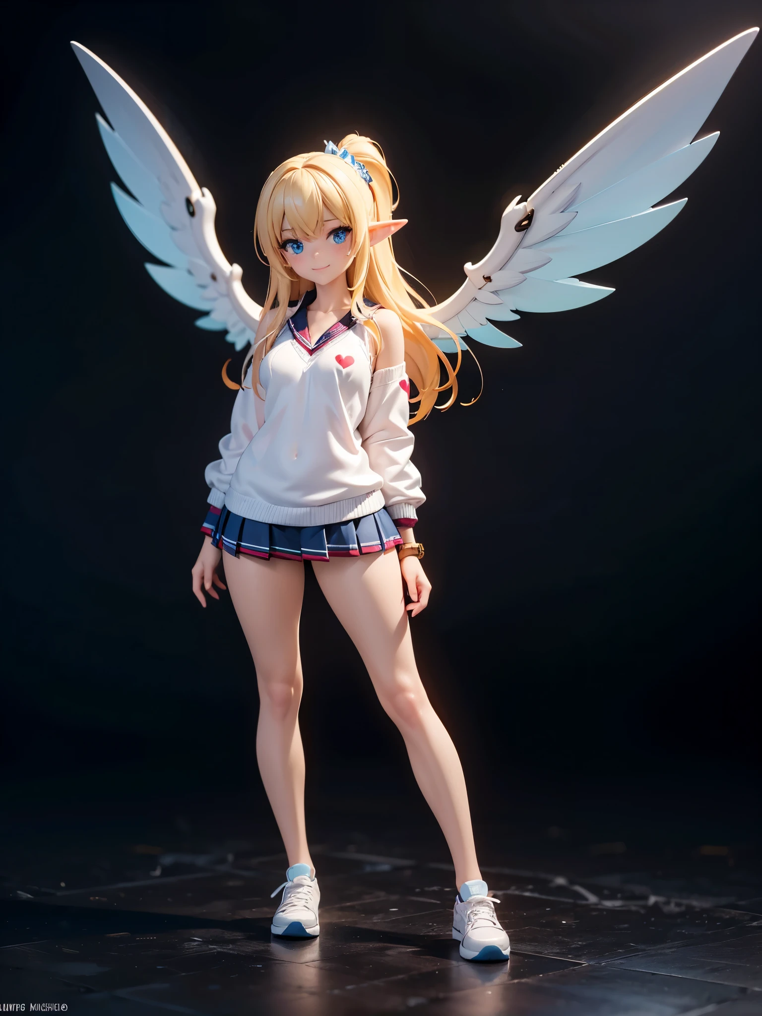 A beautiful thin girl with long straight hair angel halo over her head small angel wings white short white short skirt white white furry boots.